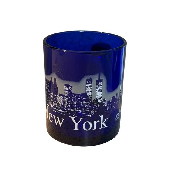 Vintage New York Skyline Cobalt Blue Glass Coffee Mug Cup Twin Towers Souvenir - Picture 3 of 7